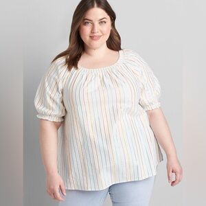 Lane Bryant Cotton Peasant Metallic-Stripe Puff-Sleeve Shirred Top Shirt Size 22